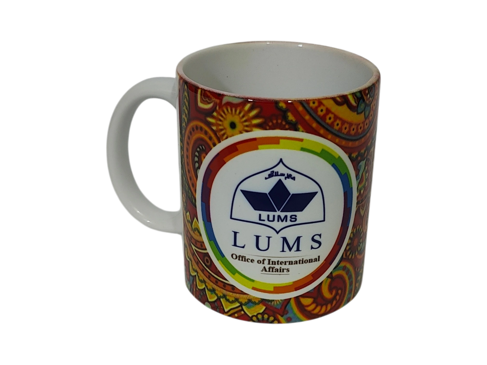 Custom full wrap ethnic paisley print ceramic mug for corporate gifting
