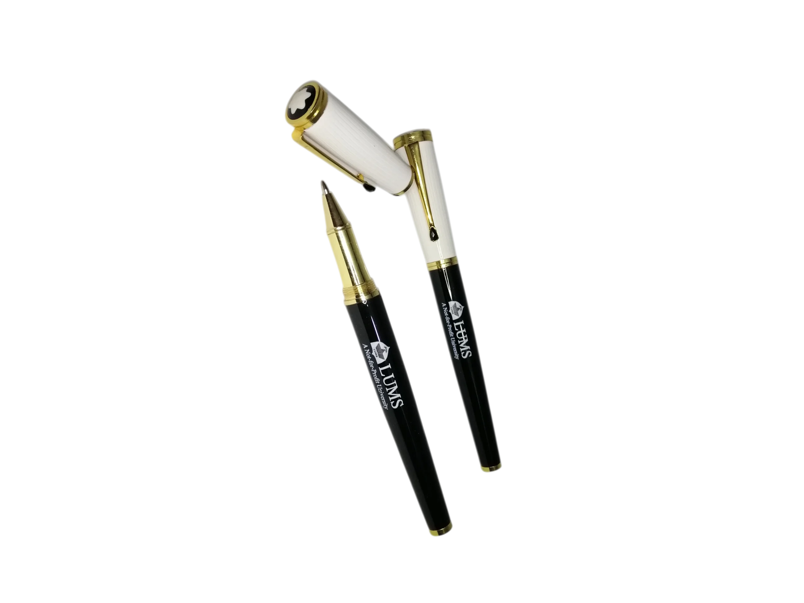 Black and gold branded corporate pen with cap for institutional gifting