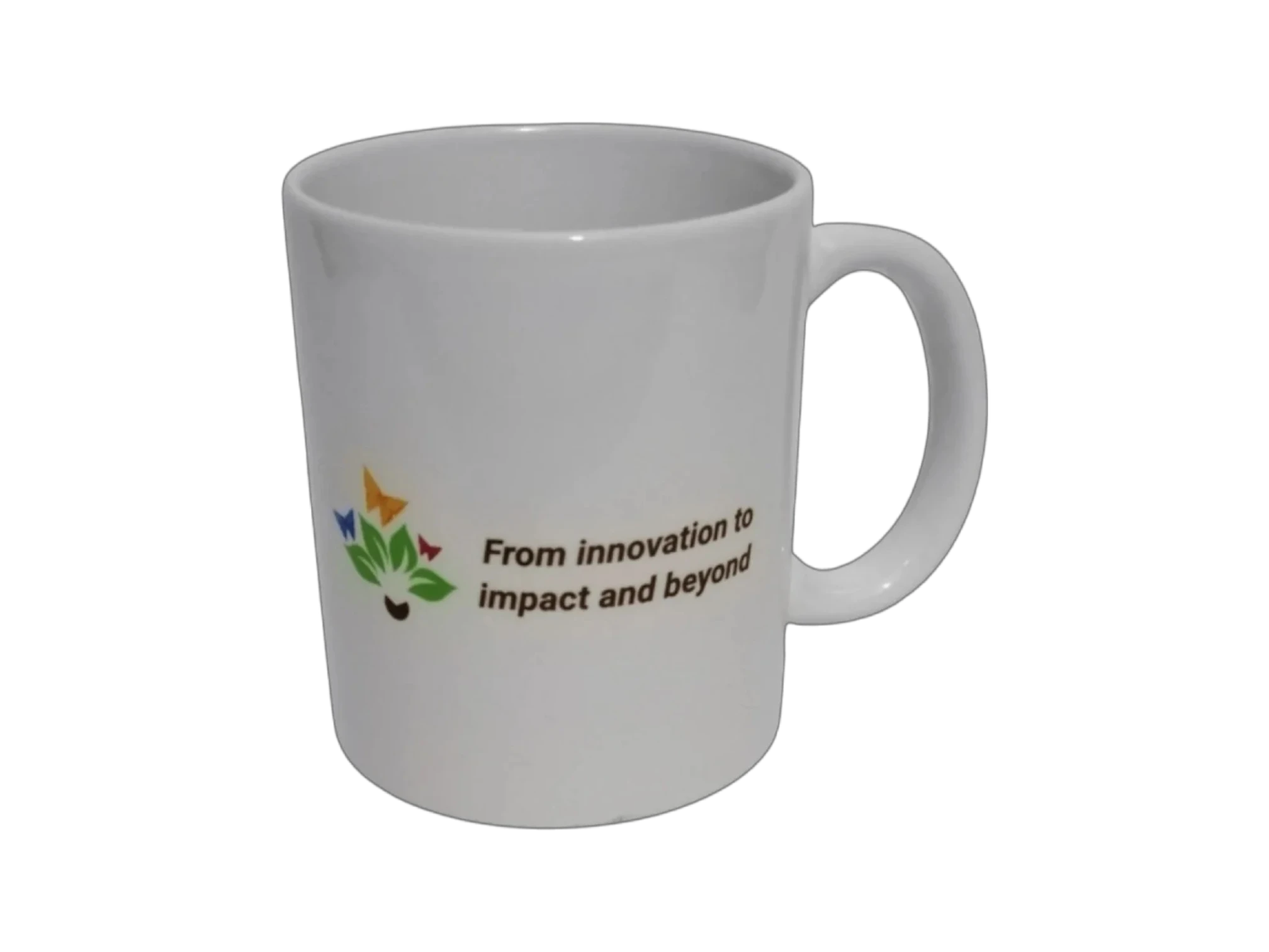 White corporate ceramic mug with custom colorful logo and tagline print
