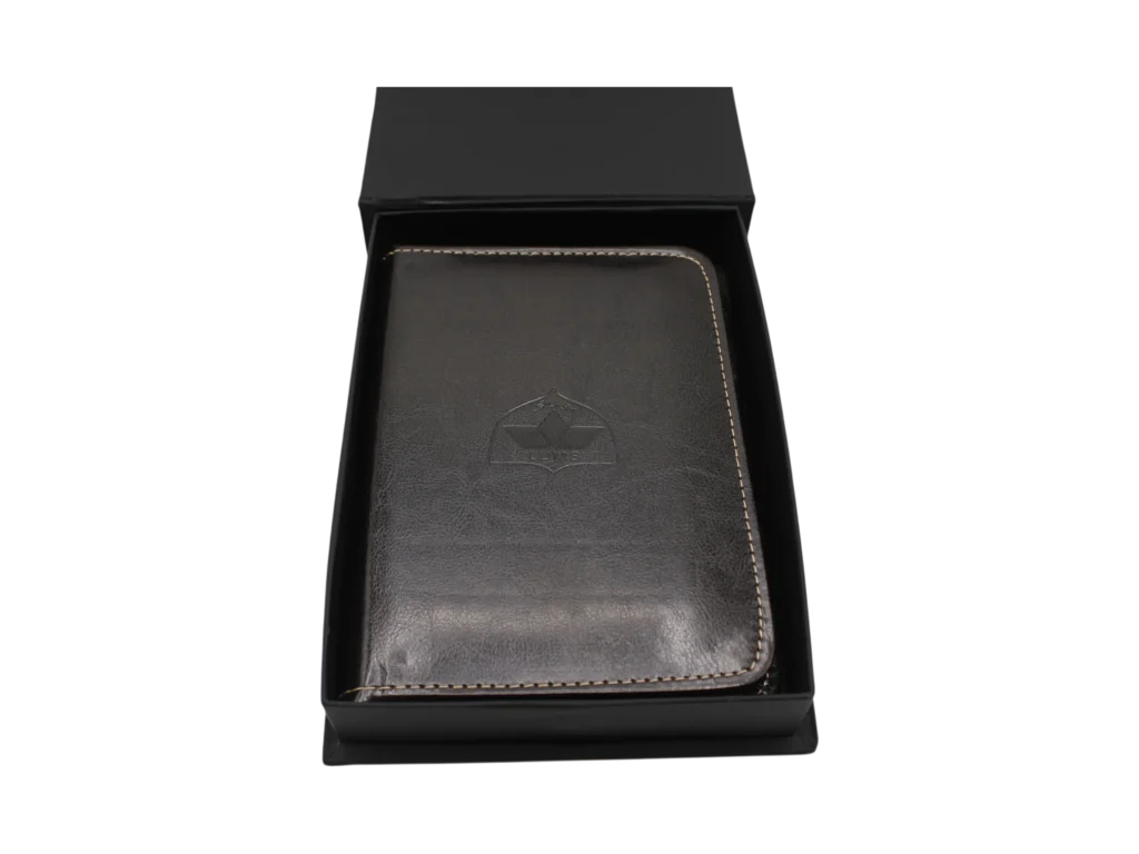 LUMS embossed leather notebook in matte black luxury gift box for premium corporate gifting.