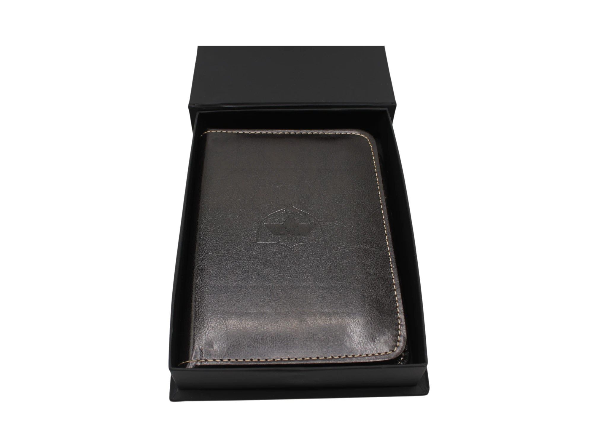 LUMS embossed leather notebook in matte black luxury gift box for premium corporate gifting.