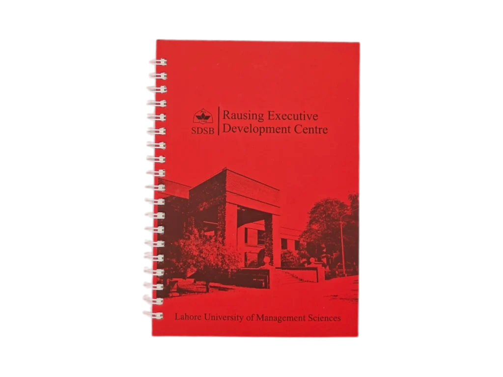 Red custom spiral notebook for SDSB Rausing Executive Development Centre LUMS corporate gifting