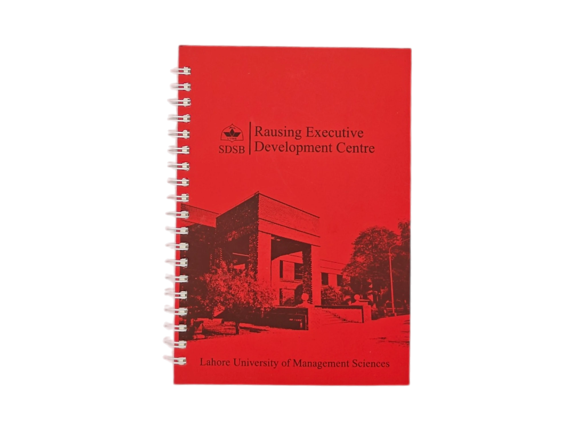Red custom spiral notebook for SDSB Rausing Executive Development Centre LUMS corporate gifting