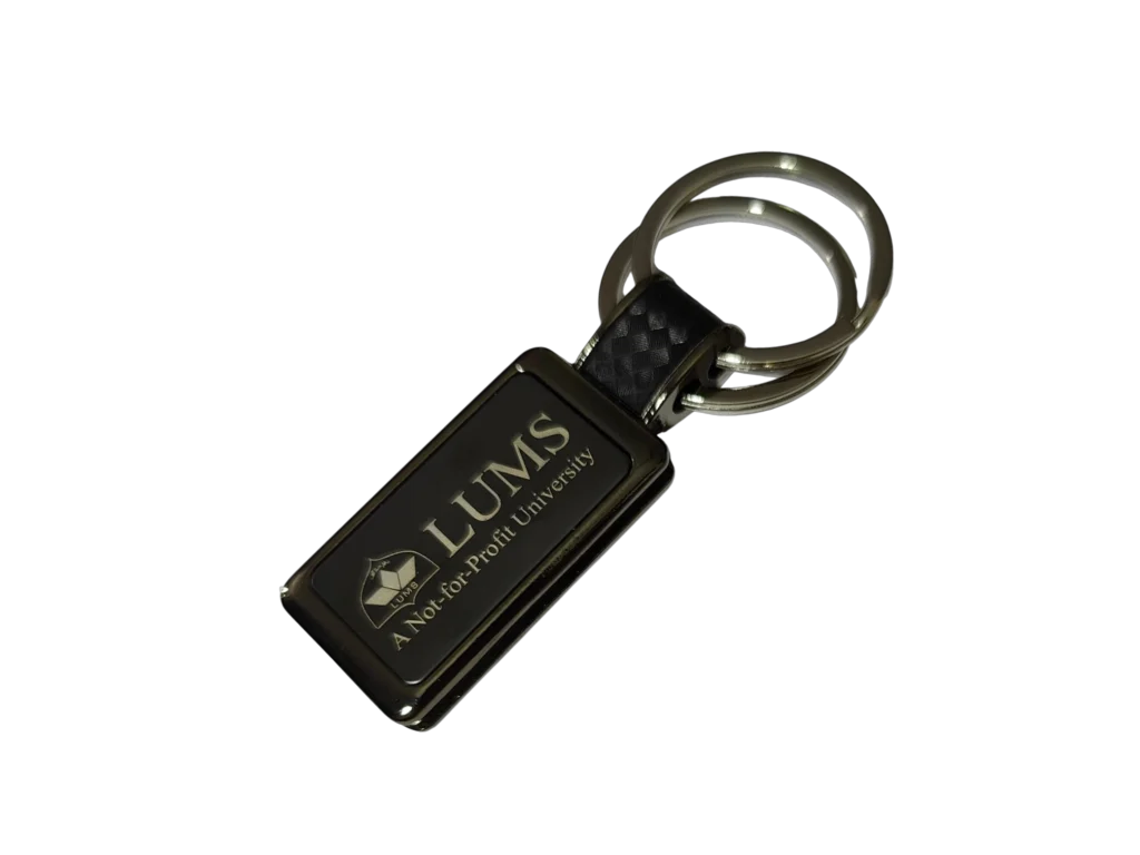 Custom engraved leather and metal keychain for university corporate gifting