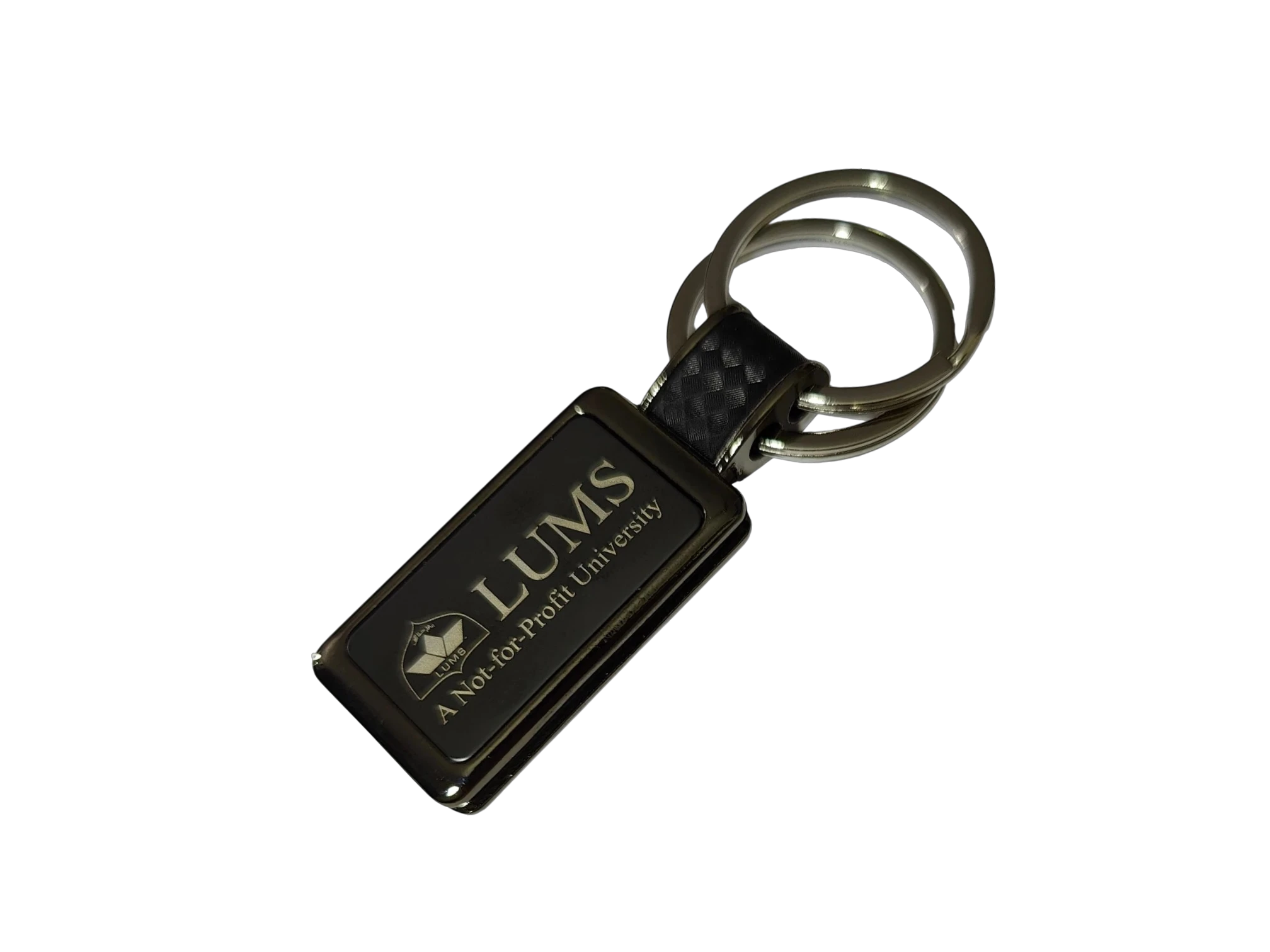 Custom engraved leather and metal keychain for university corporate gifting