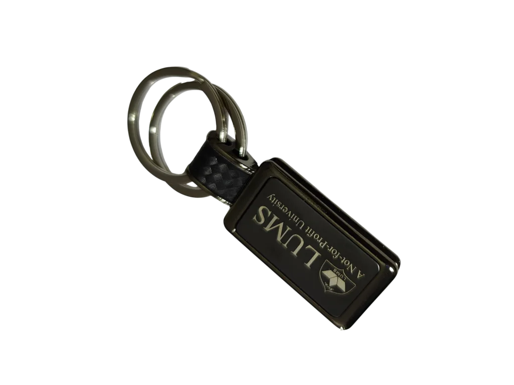 Custom engraved leather and metal keychain for university corporate gifting