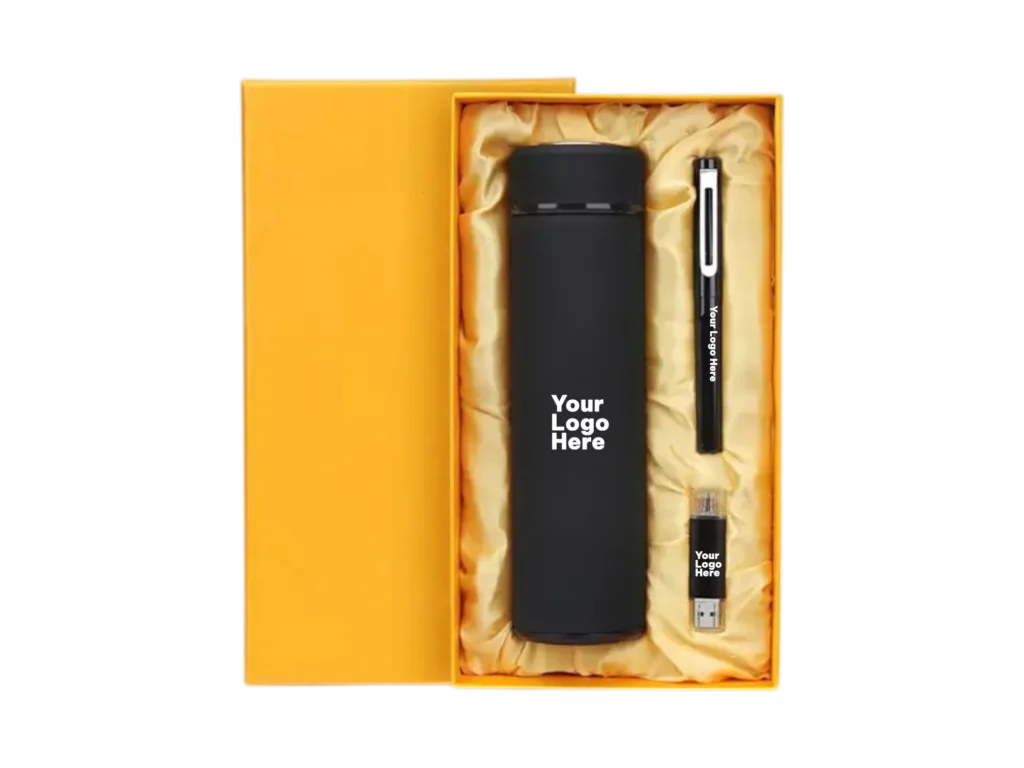 Matte black corporate gift set with flask, pen and USB drive in gold satin box