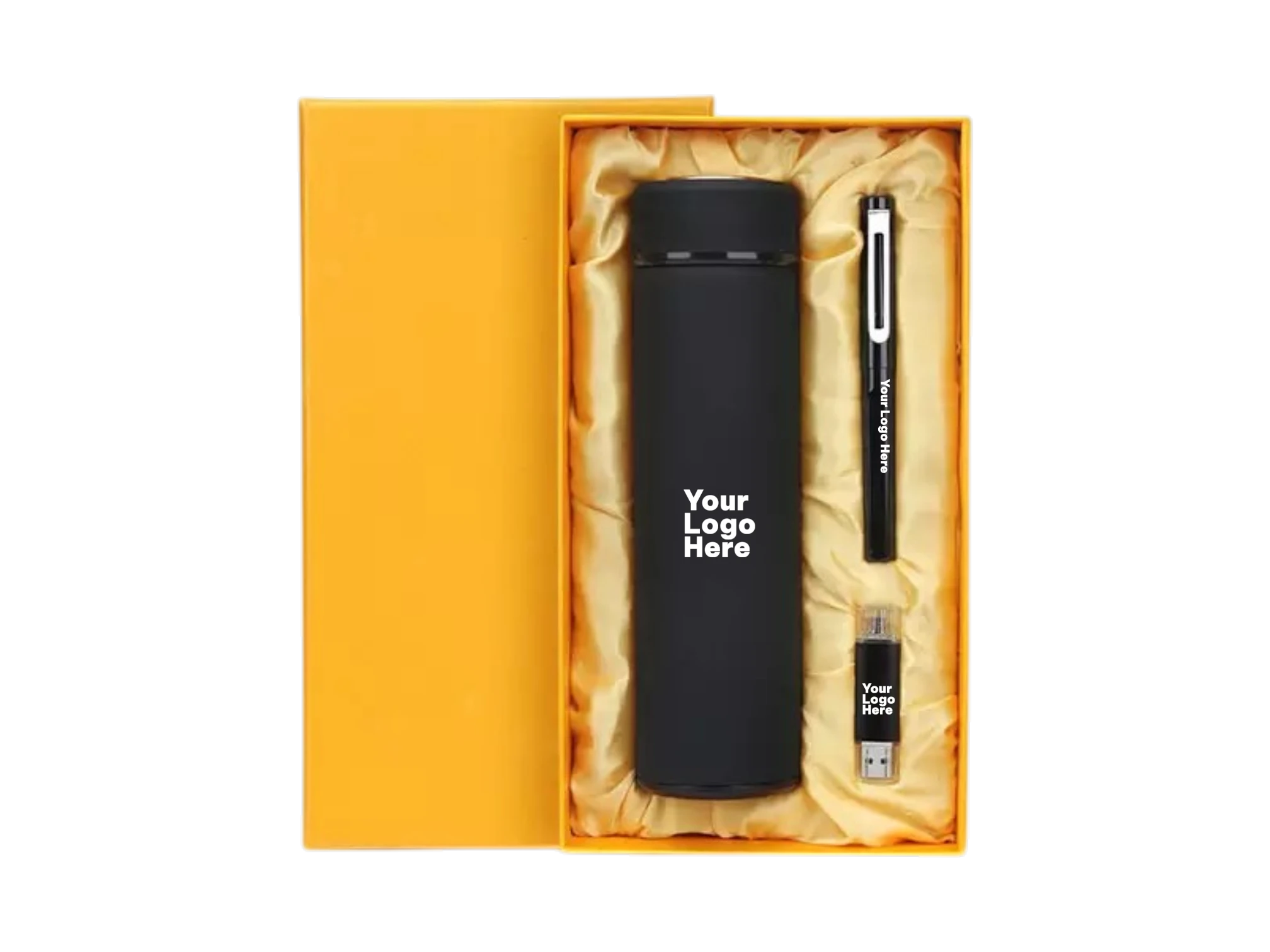 Matte black corporate gift set with flask, pen and USB drive in gold satin box