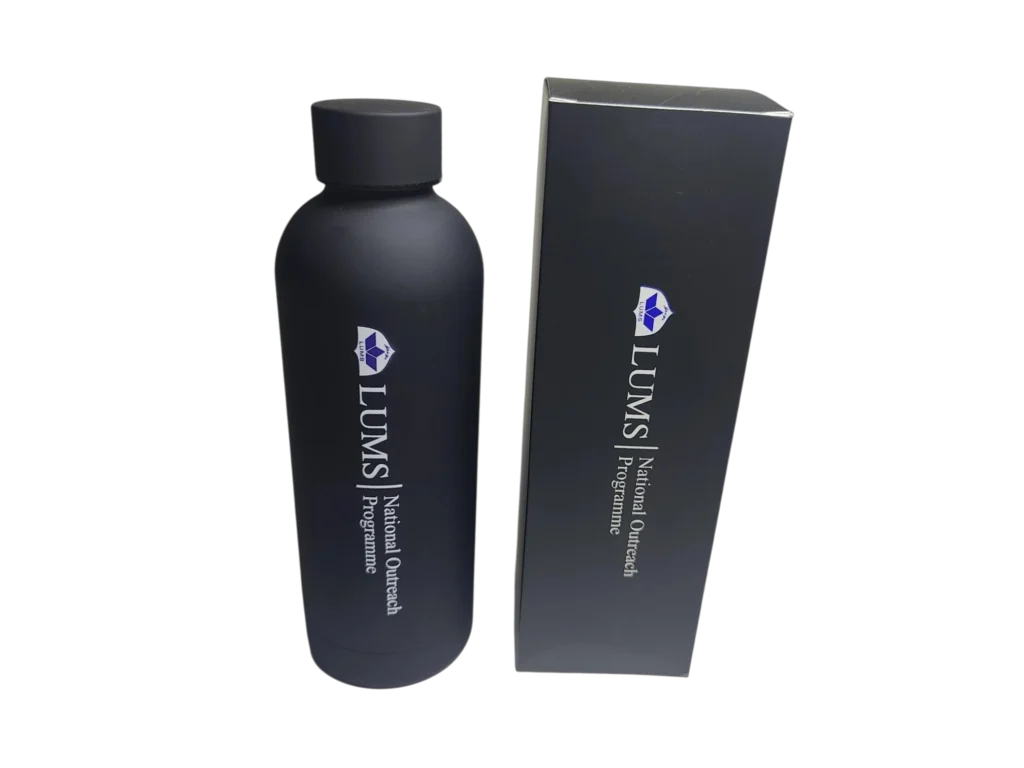 Custom branded charcoal matte water bottle with premium gift box for corporate outreach
