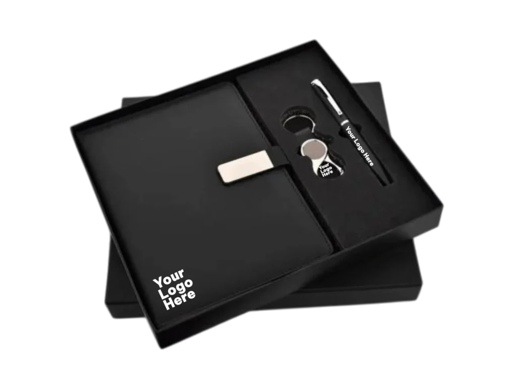 Black corporate gift set with leather notebook, circular keychain and pen in black box
