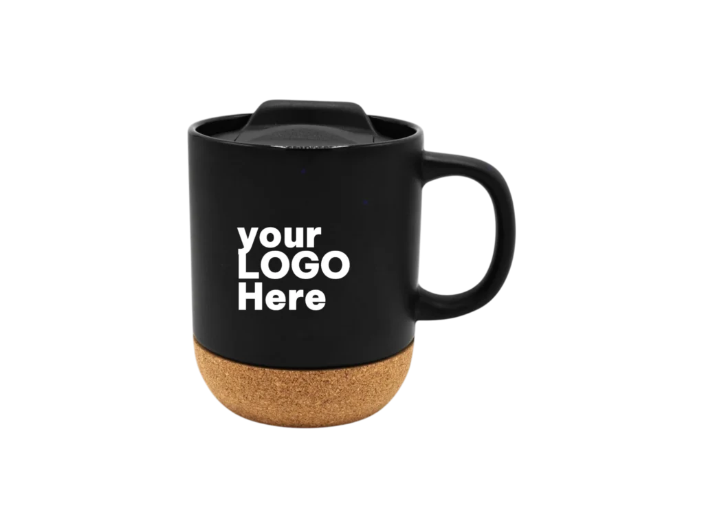 Custom black ceramic corporate mug with cork base and lid