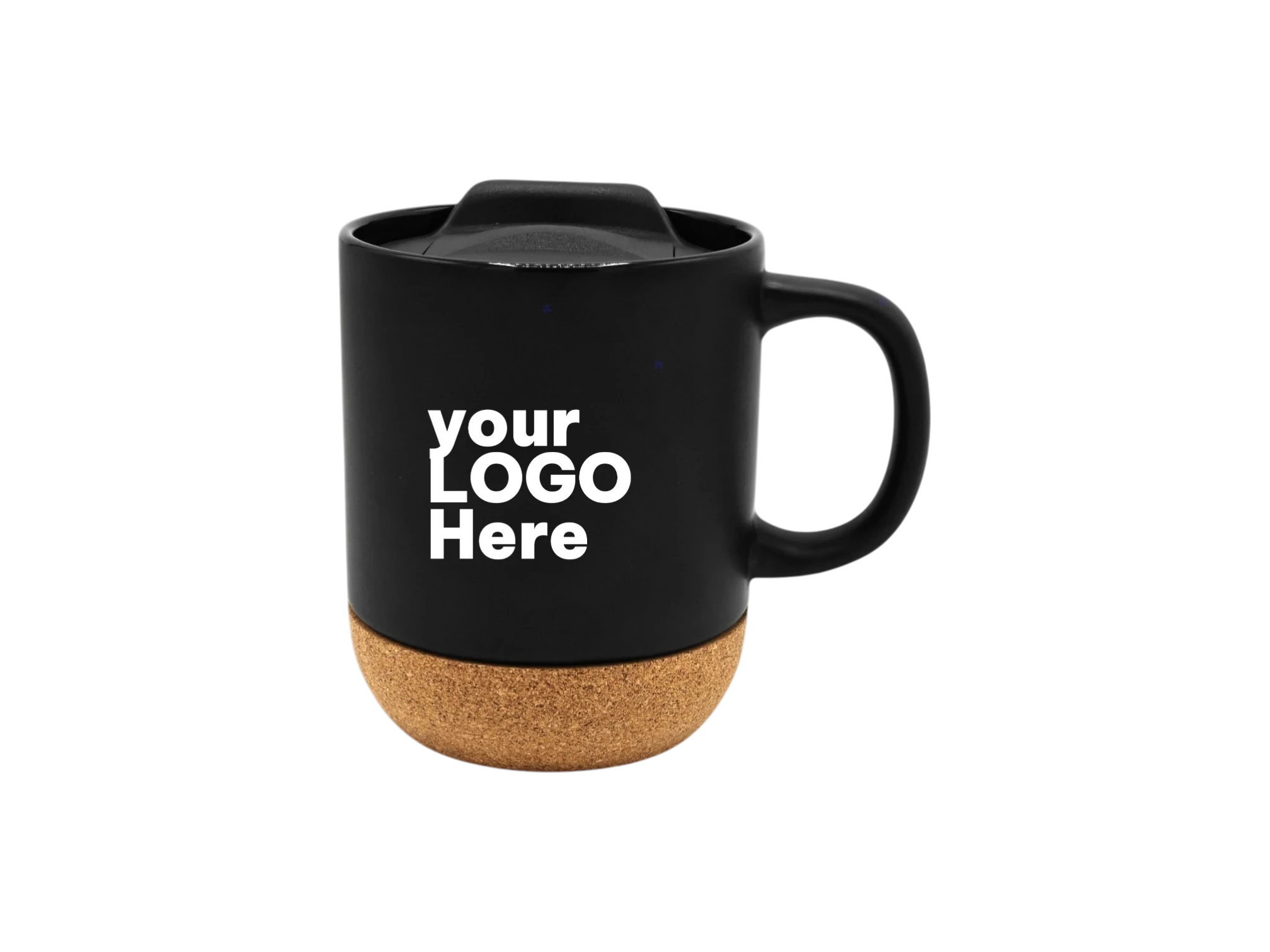 Custom black ceramic corporate mug with cork base and lid
