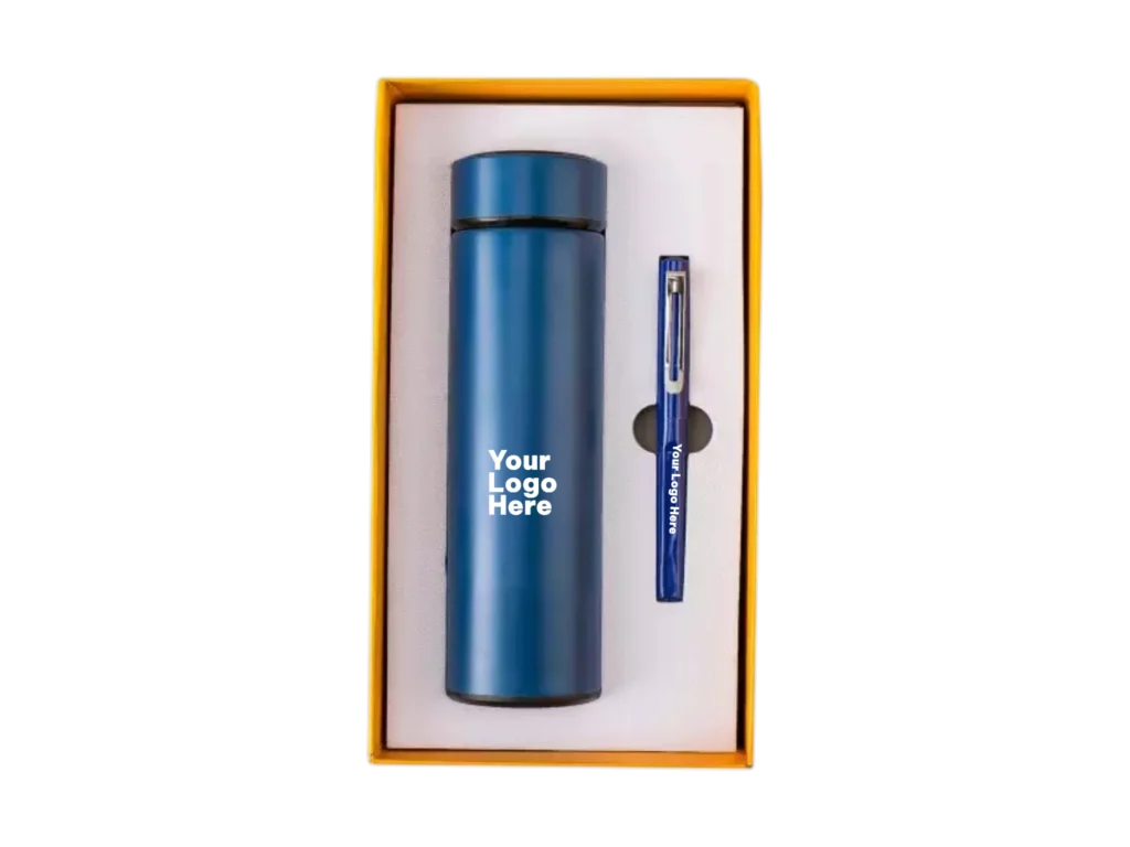 Blue corporate gift set with insulated flask and matching pen in gift box