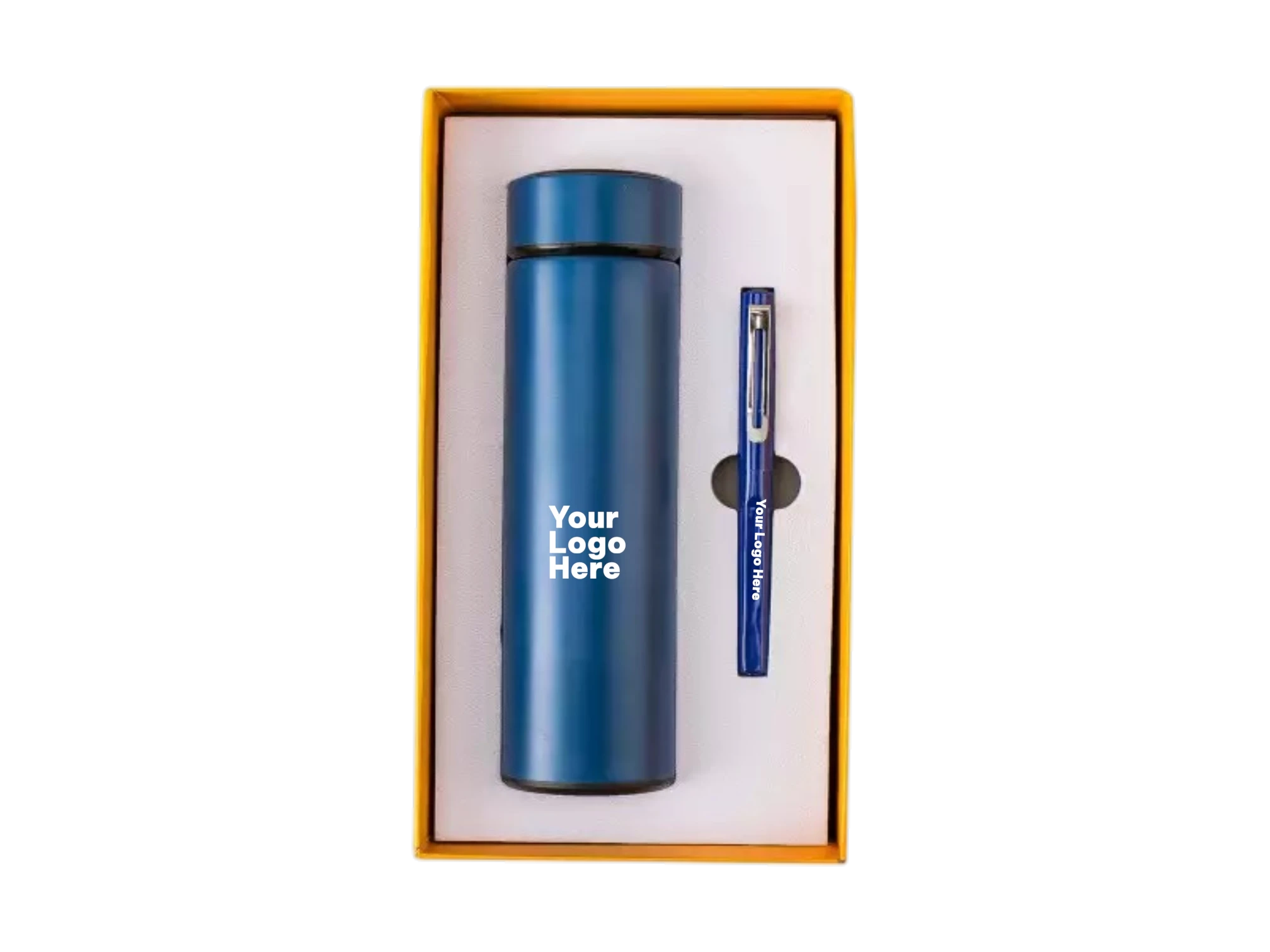 Blue corporate gift set with insulated flask and matching pen in gift box