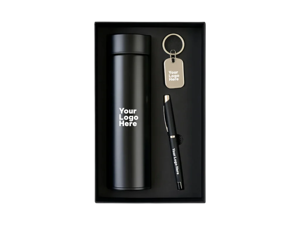 Black corporate gift set with matte flask, metal pen and keychain in black box