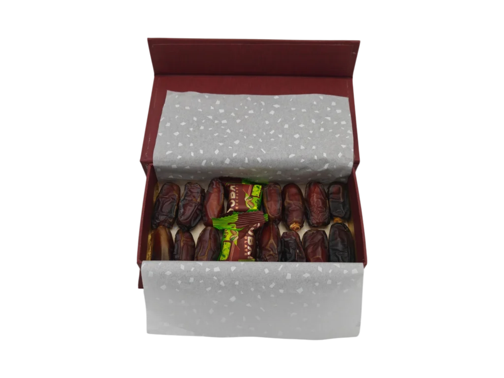 Corporate Ramadan gift box with premium dates and chocolates in burgundy box