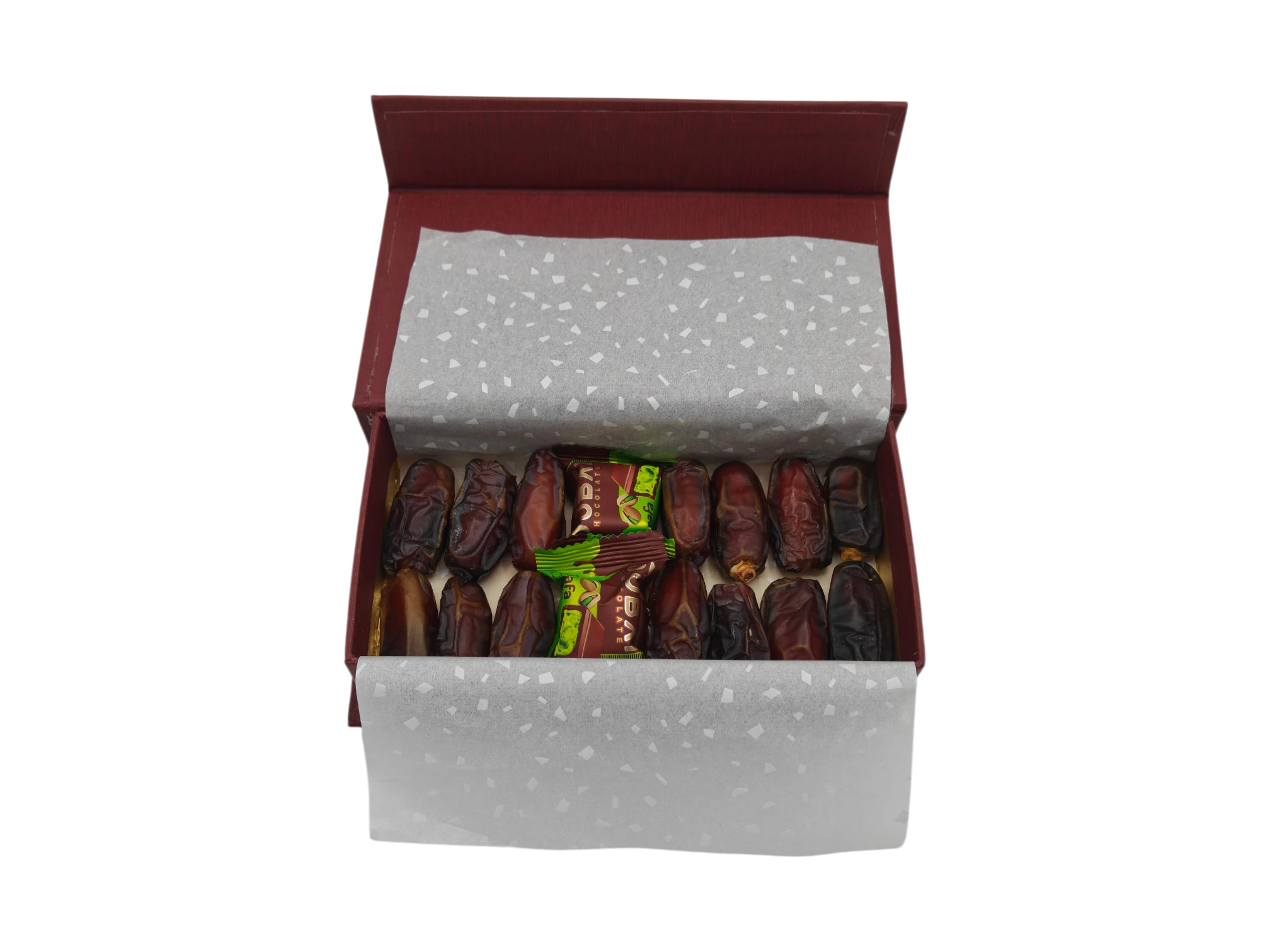 Corporate Ramadan gift box with premium dates and chocolates in burgundy box
