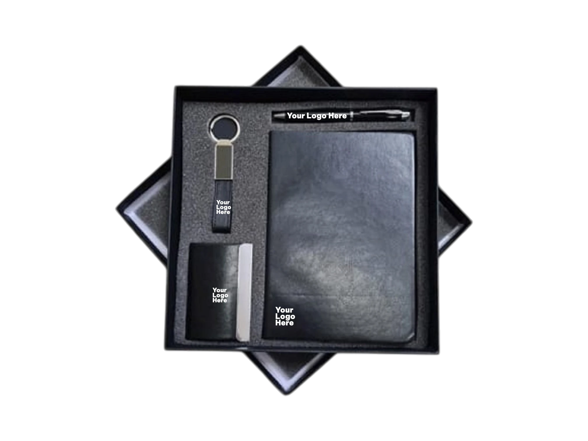 Black leather corporate gift set with notebook, card holder and keychain in black box