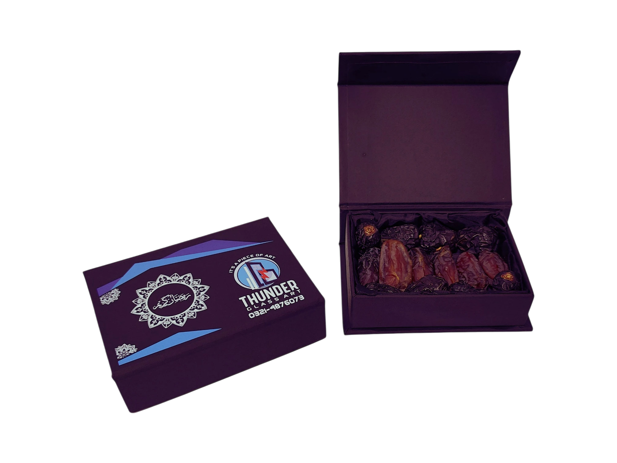 Ramadan corporate gift box with premium dates in purple magnetic closure box