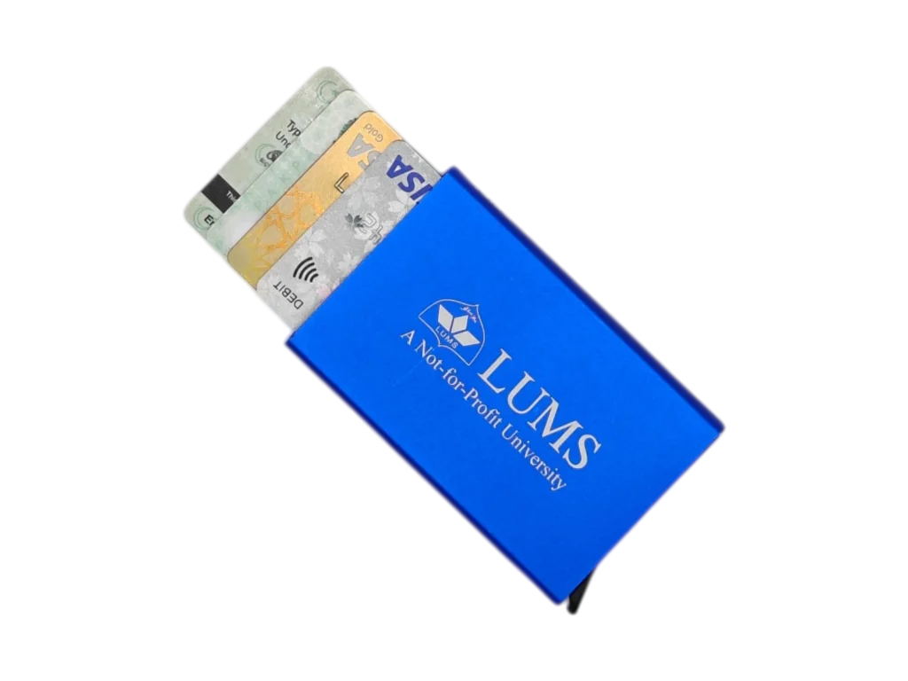 Royal blue branded aluminum pop-up card holder with custom logo engraving