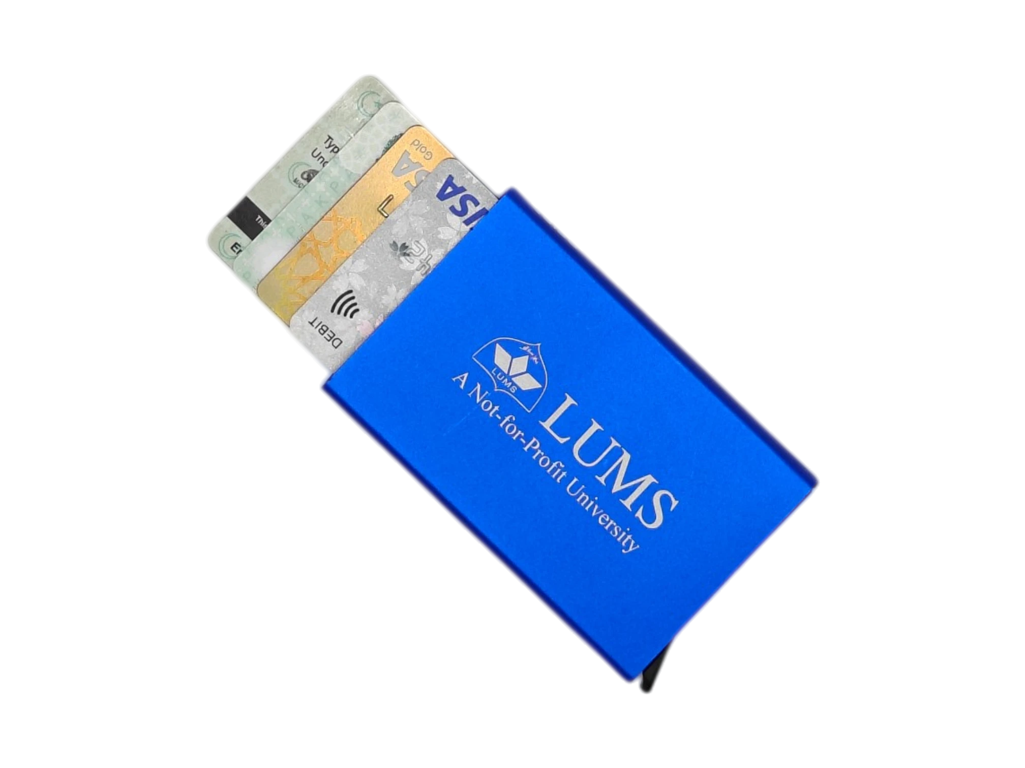 Royal blue branded aluminum pop-up card holder with custom logo engraving