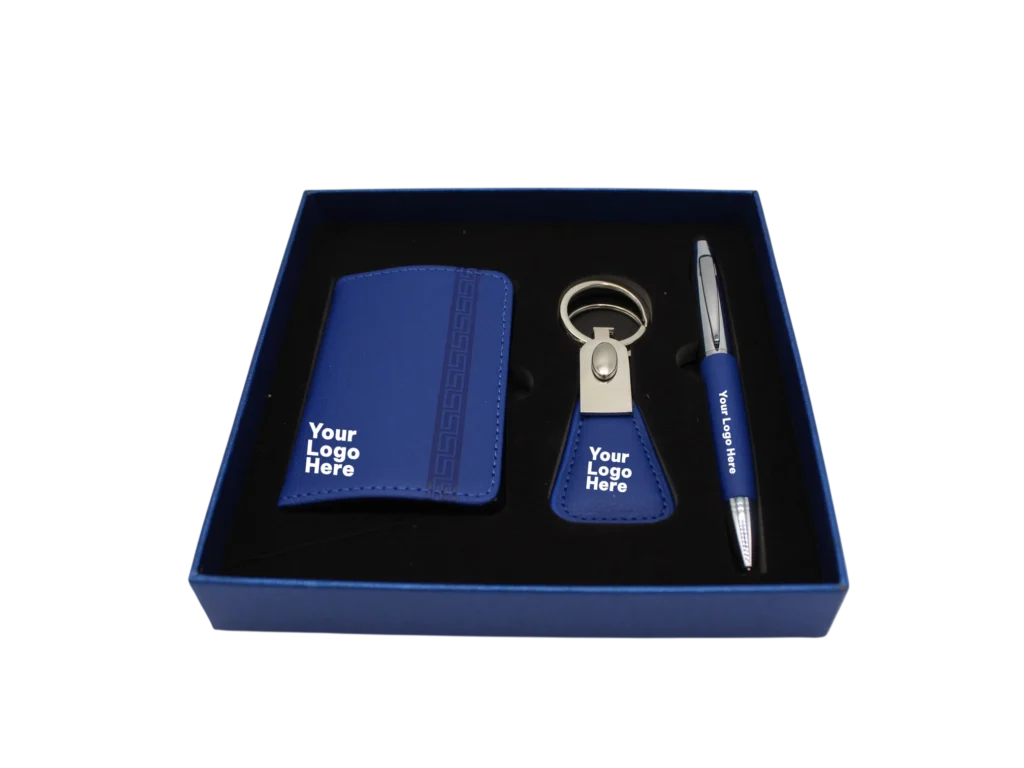 Blue corporate gift set with card holder, keychain and pen in blue box