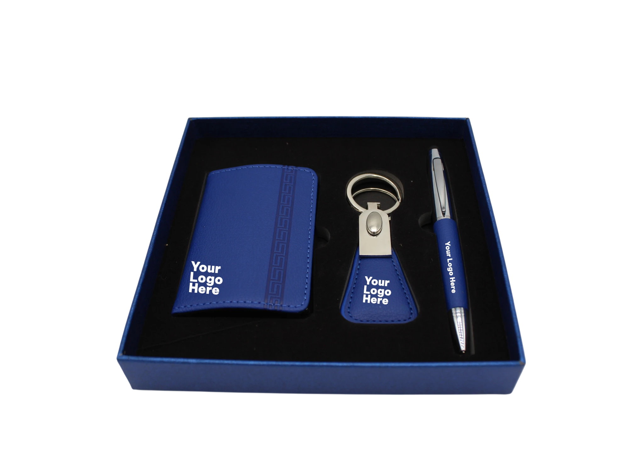 Blue corporate gift set with card holder, keychain and pen in blue box