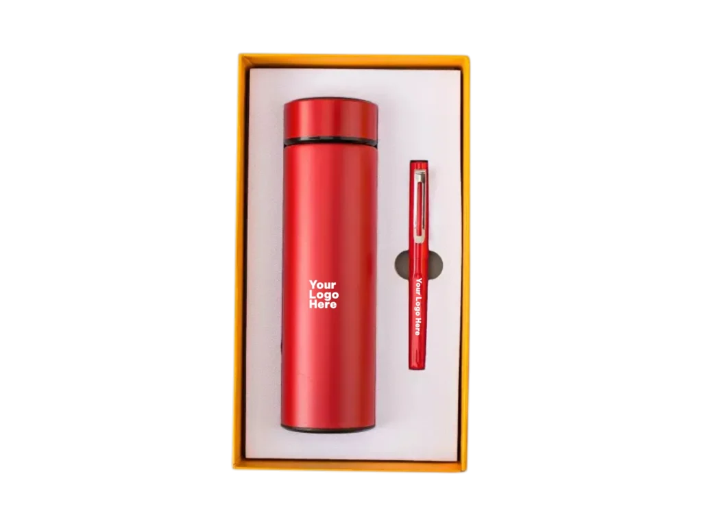 Red corporate gift set with insulated flask and matching pen in gift box