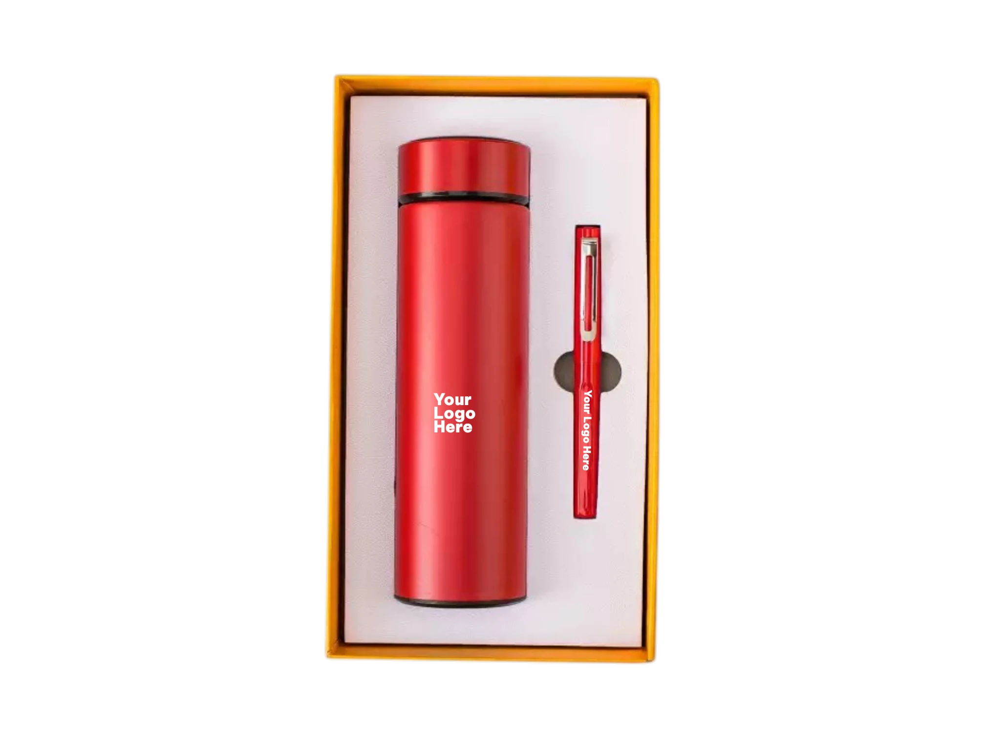 Red corporate gift set with insulated flask and matching pen in gift box