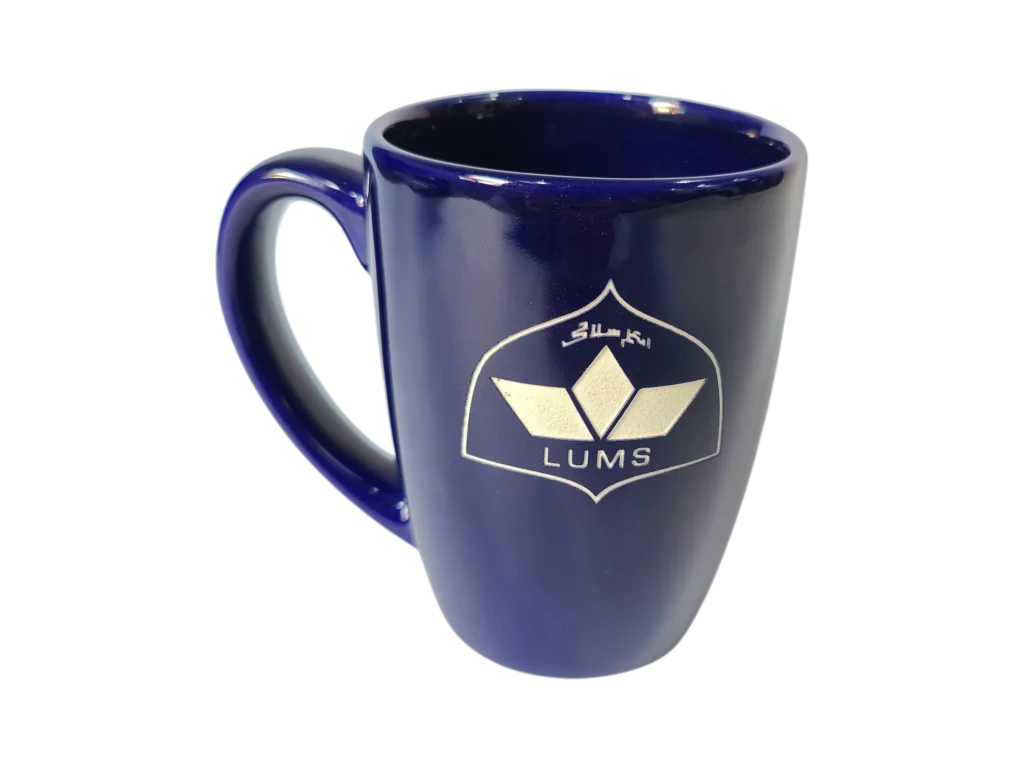 Deep blue glossy ceramic mug with gold engraved logo for premium corporate gifting