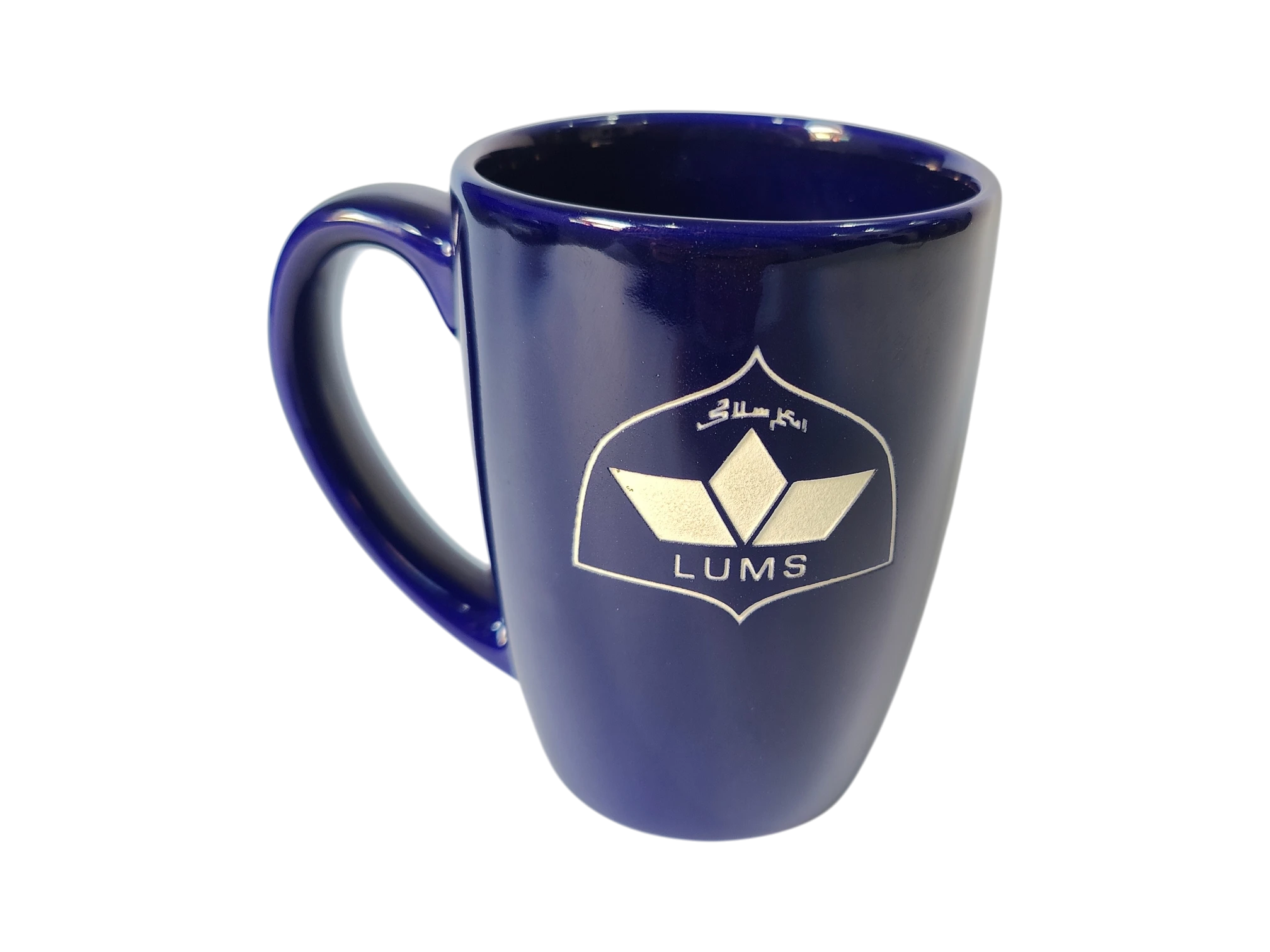 Deep blue glossy ceramic mug with gold engraved logo for premium corporate gifting