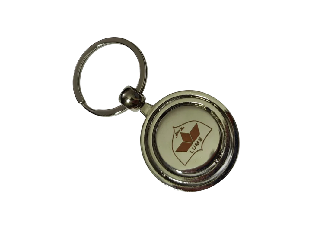 Polished chrome spinning disc keychain with custom university logo