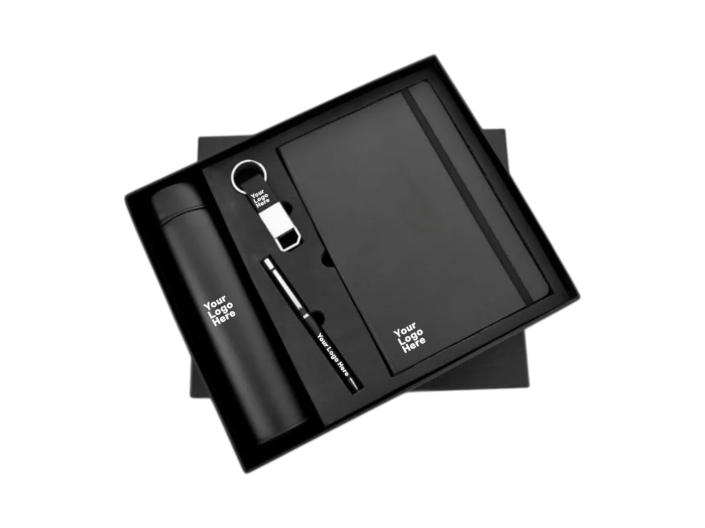 Matte black corporate gift set with flask, notebook, pen and keychain in black box