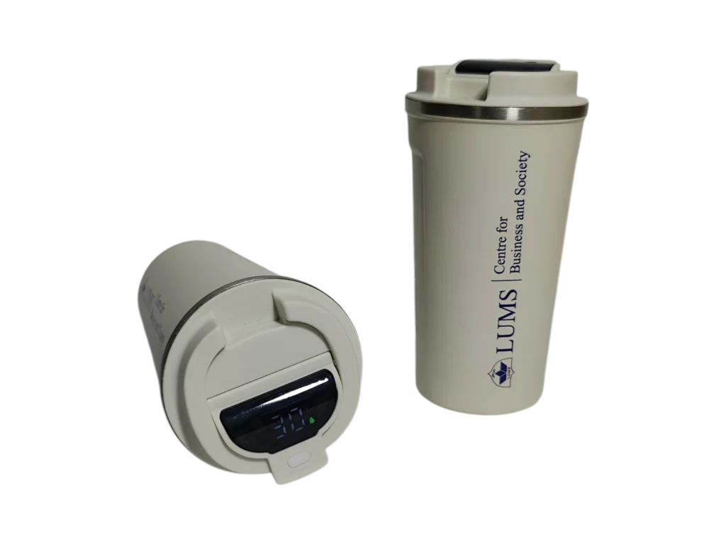 White branded corporate travel mug with colorful word art logo print