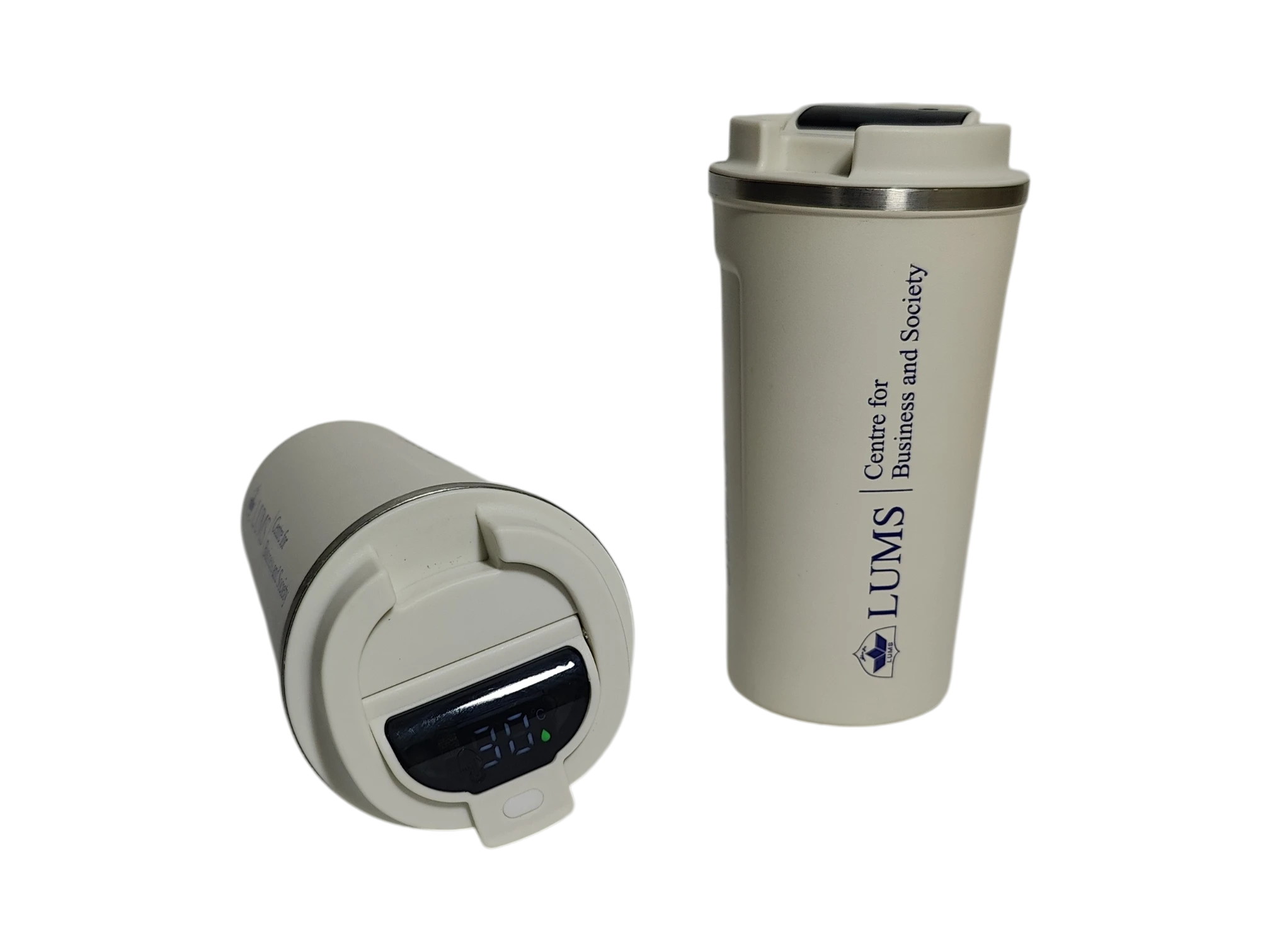 White branded corporate travel mug with colorful word art logo print