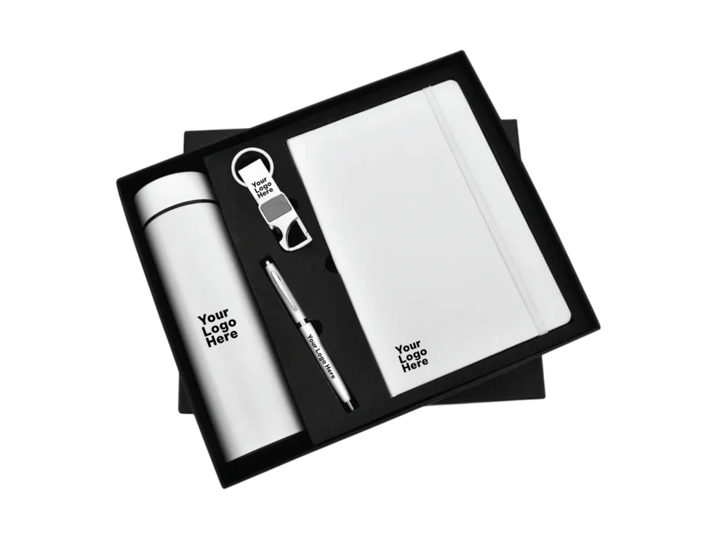 White corporate gift set with flask, notebook, pen and keychain in black box