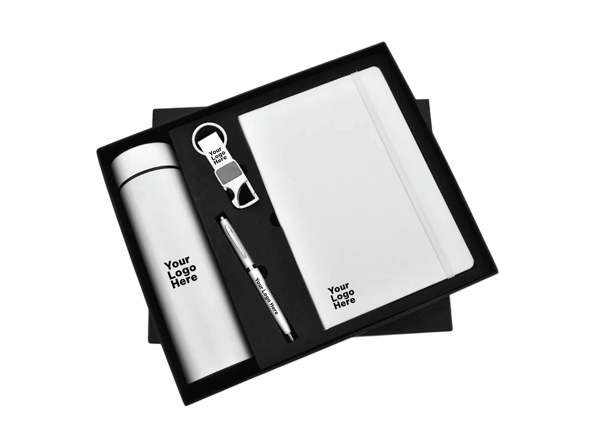 White corporate gift set with flask, notebook, pen and keychain in black box