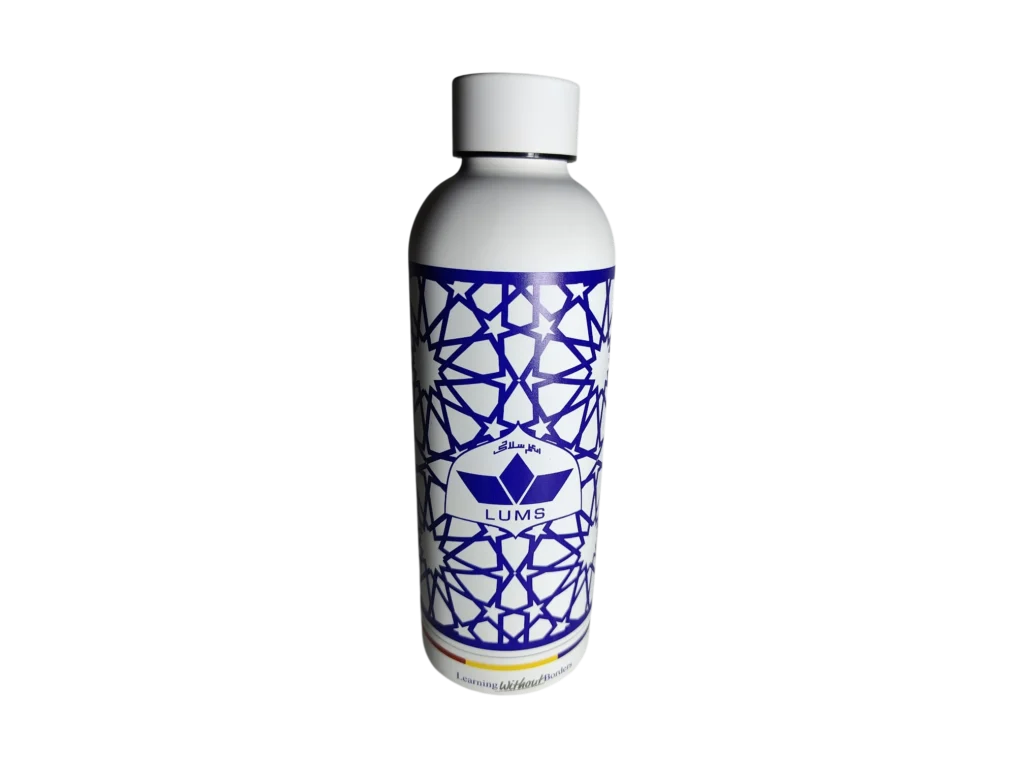 This is a white, branded reusable water bottle featuring the logo of the Lahore University of Management Sciences (LUMS).